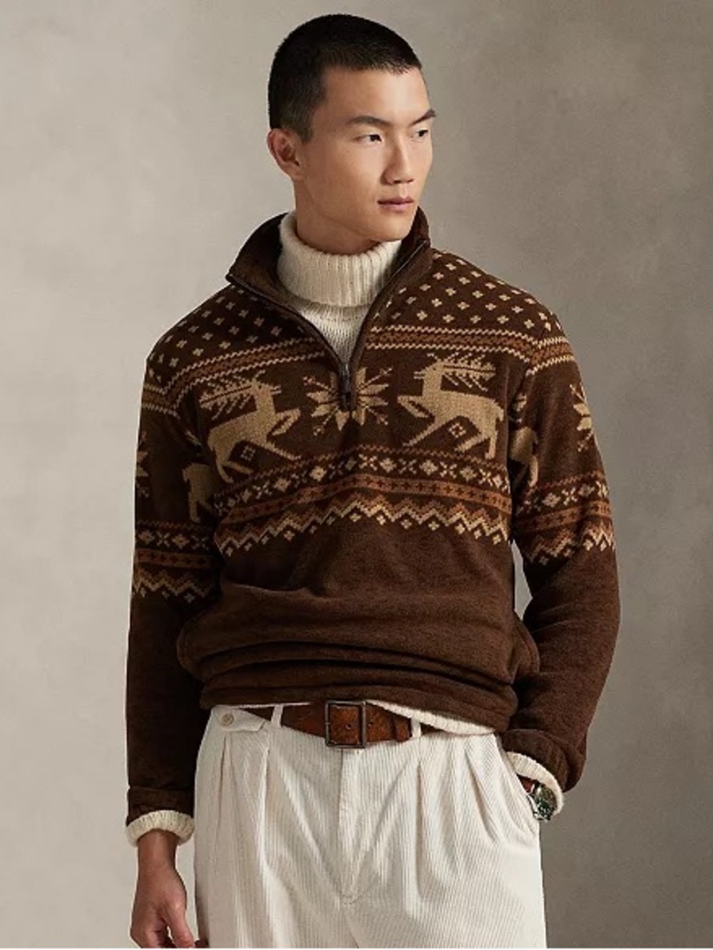 Men's Brushed Fleece Quarter-Zip Pull-On Sweater